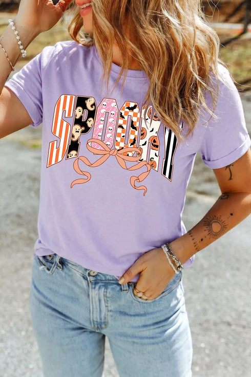 Women's Halloween Graphic Tee - Pink Purple Spooky Print - Twice The Charm Boutique