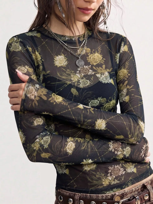 Floral Print Mesh Long Sleeve Top - product image 2