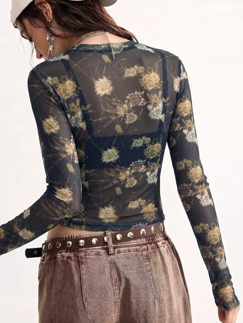 Floral Print Mesh Long Sleeve Top - product image 3
