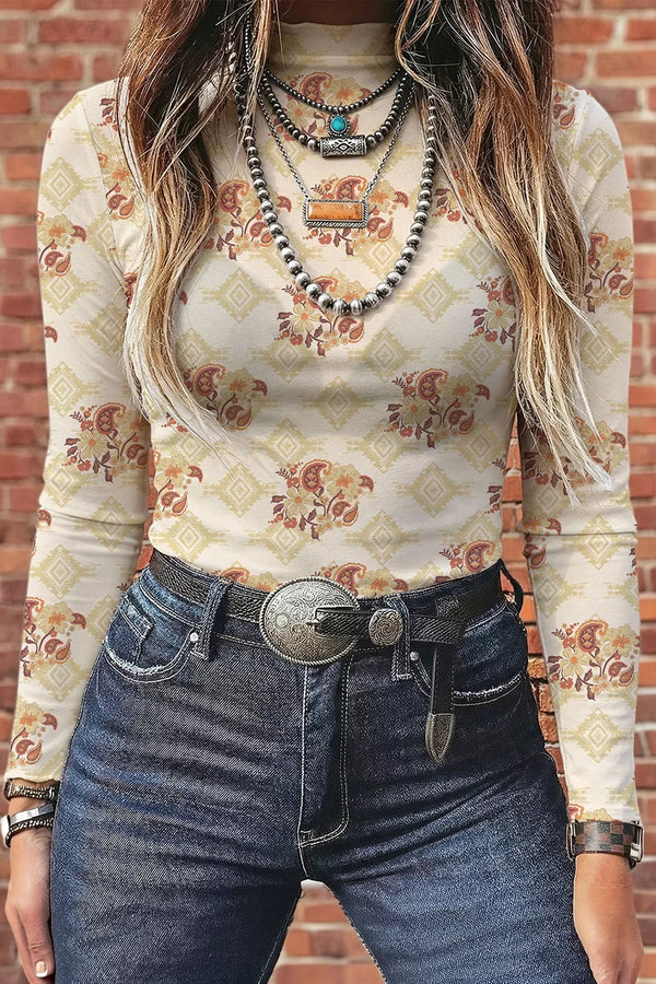Floral Print Sheer Mock Neck Slim Fit Long Sleeve Top - product image 1