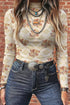 Floral Print Sheer Mock Neck Slim Fit Long Sleeve Top - product image 1