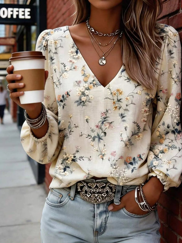 Floral Print V-Neck Long Sleeve Blouse - product image 1