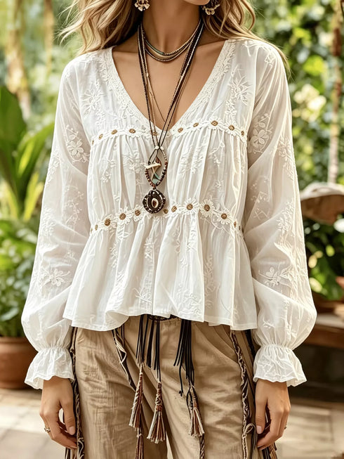 Floral V-Neck Flounce Sleeve Peplum Blouse - product image 2