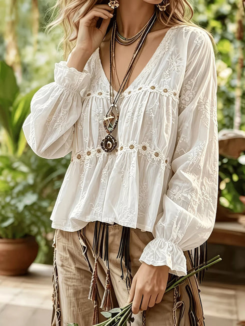 Floral V-Neck Flounce Sleeve Peplum Blouse - product image 3
