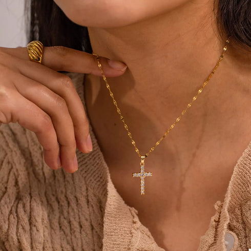 Gold Cross Pendant Necklace with Zircon