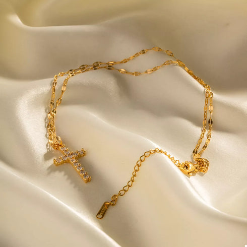 Gold Cross Pendant Necklace with Zircon