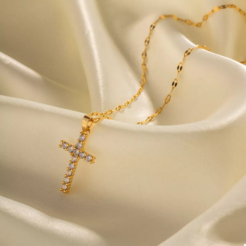 Gold Cross Pendant Necklace with Zircon
