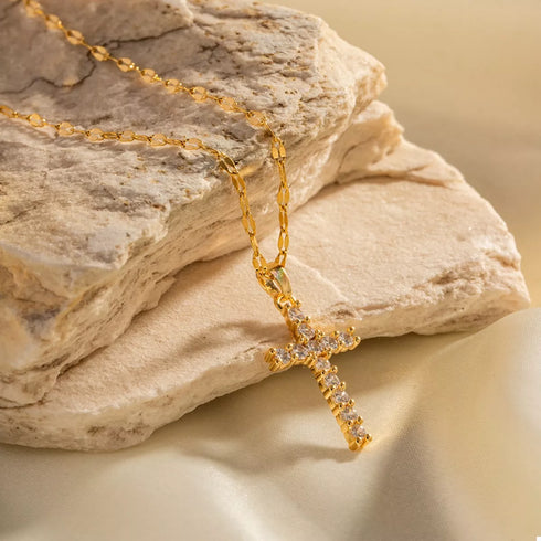 Gold Cross Pendant Necklace with Zircon