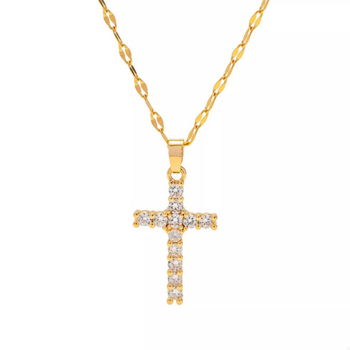 Gold Cross Pendant Necklace with Zircon