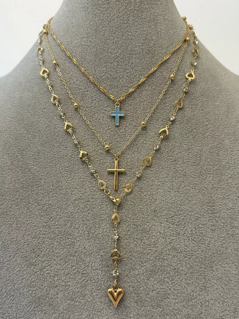 Gold Layered Cross and Heart Necklace