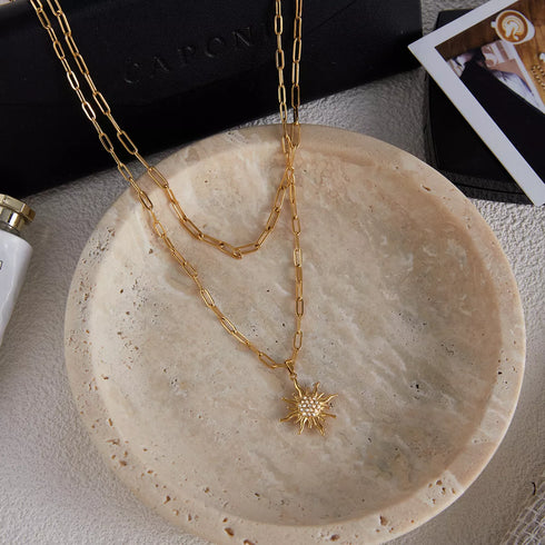 Gold Rhinestone Double Layer Pendant Necklace