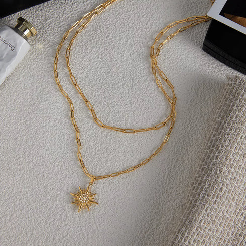 Gold Rhinestone Double Layer Pendant Necklace