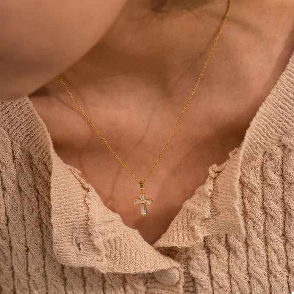 Gold Zircon Cross Stainless Steel Necklace