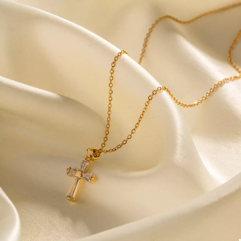 Gold Zircon Cross Stainless Steel Necklace