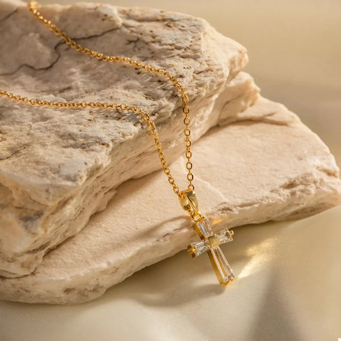 Gold Zircon Cross Stainless Steel Necklace