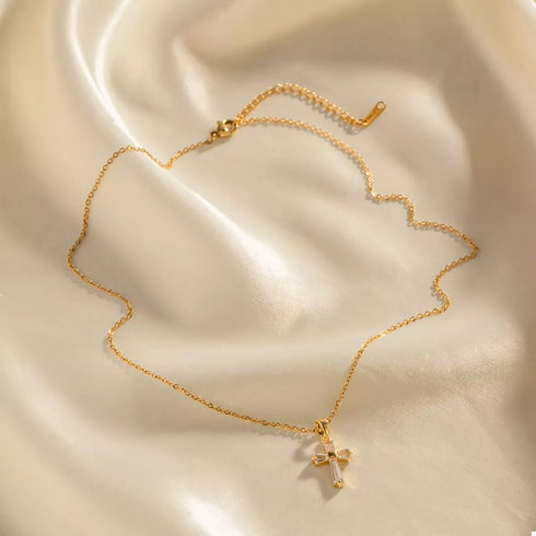 Gold Zircon Cross Stainless Steel Necklace