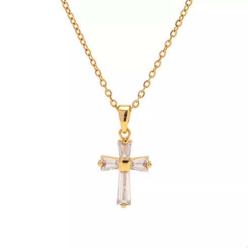 Gold Zircon Cross Stainless Steel Necklace