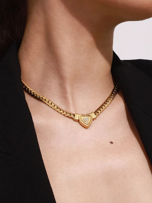 Gold Zircon Heart Cuban Chain Necklace
