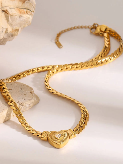 Gold Zircon Heart Cuban Chain Necklace