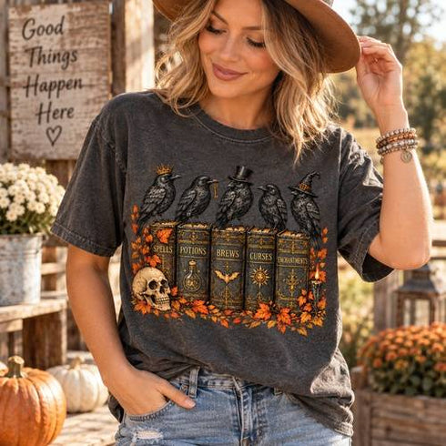 Gothic Raven & Spellbook Garden T-Shirt – Comfort Colors 1717 – lifestyle view
