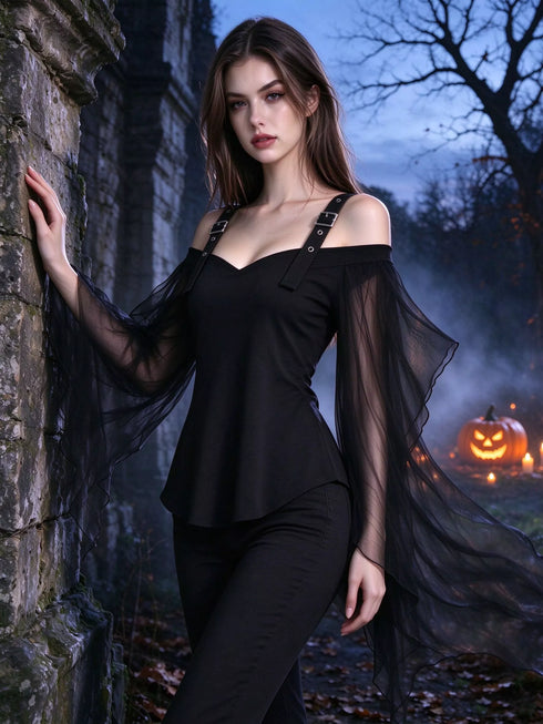 Halloween Gothic Buckle Strap Sheer Mesh Top - product image 1