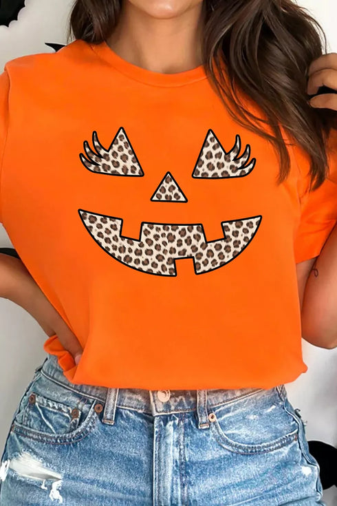 Halloween Pumpkin Face Leopard Graphic Tee - product image 4