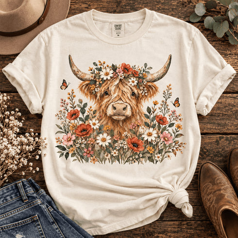 Highland Cow Floral Garden Graphic T-Shirt – Comfort Colors 1717 – flat lay product view