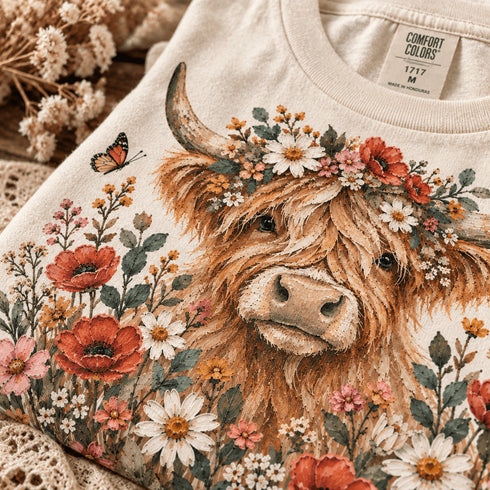Highland Cow Floral Garden Graphic T-Shirt – Comfort Colors 1717 – close-up detail