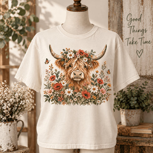 Highland Cow Floral Garden Graphic T-Shirt – Comfort Colors 1717 – mannequin view