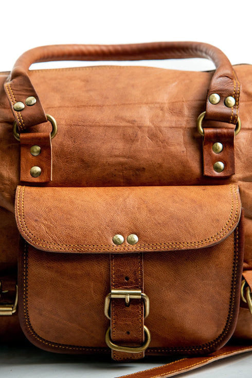 Close-up of the Walker Tanned top handle and front flap pocket