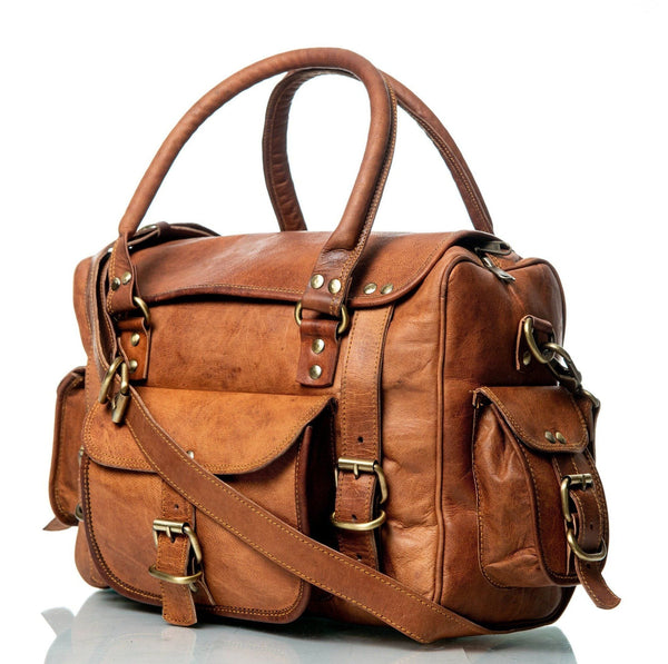 Walker Tanned brown leather weekender front angle with shoulder strap and buckle pockets