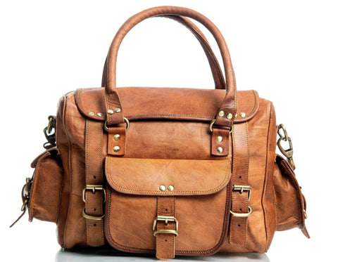 Front view of the Walker Tanned leather bag with top handles and exterior pockets