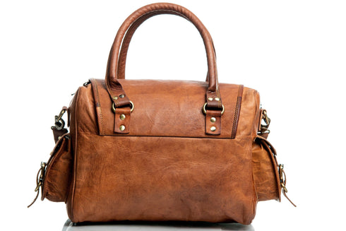 Rear view of the Walker Tanned brown leather weekender showing its handles and stitching