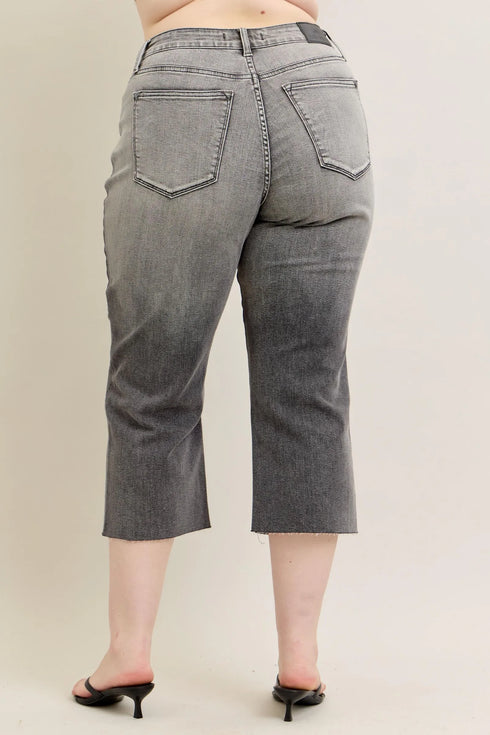 Judy Blue Gray Embroidered Wide-Leg Capri Jeans: Gray capri jeans, alternate rear view