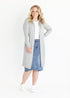 Gray open-front cardigan worn with a denim skirt