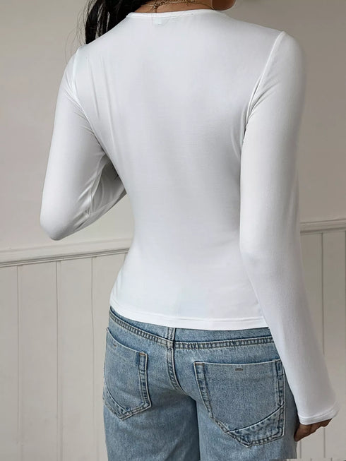 Lace Trim V-Neck Tie-Front Long Sleeve Top - product image 5