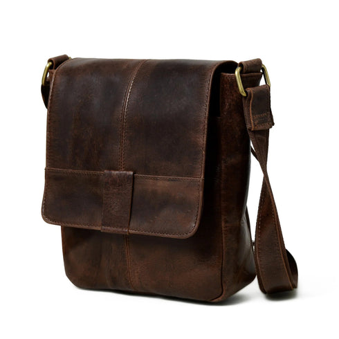 Brown leather crossbody bag, three-quarter view