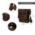 Brown crossbody bag feature diagram with 9 by 7.5 by 3 inch labels