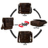 Brown leather crossbody bag diagram showing front, side, bottom and back