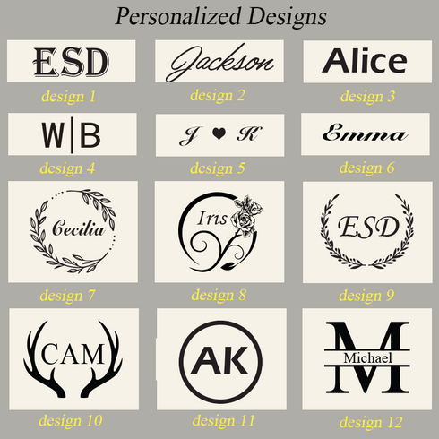 RockCow TS923 personalization guide showing twelve monogram design examples