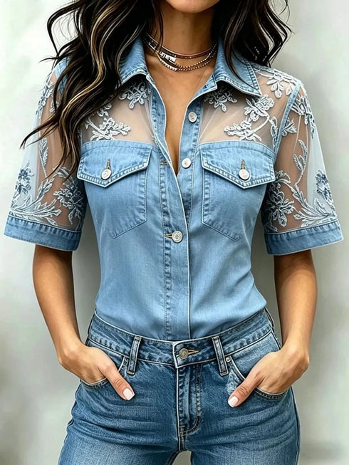 Plus Size Denim-Look Lace Short Sleeve Shirt - product image 1