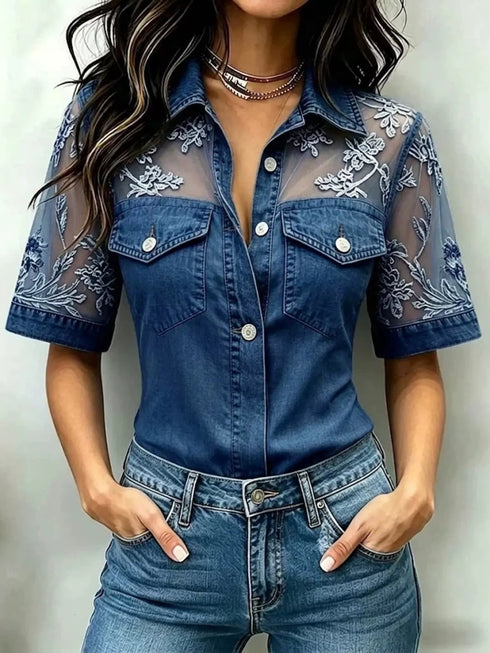 Plus Size Denim-Look Lace Short Sleeve Shirt - product image 3