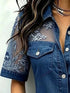 Plus Size Denim-Look Lace Short Sleeve Shirt - product image 4
