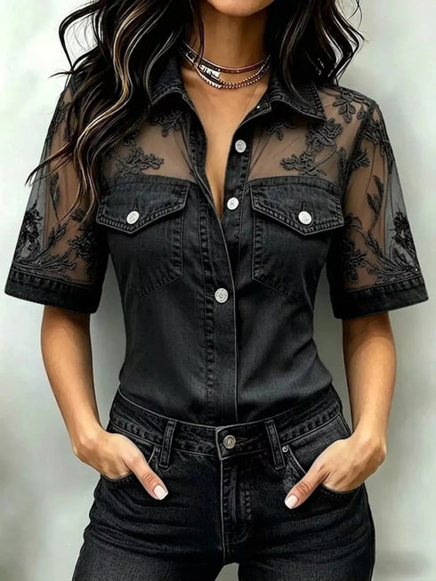 Plus Size Denim-Look Lace Short Sleeve Shirt - product image 5
