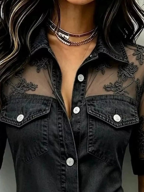 Plus Size Denim-Look Lace Short Sleeve Shirt - product image 6