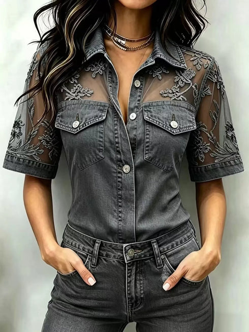 Plus Size Denim-Look Lace Short Sleeve Shirt - product image 8