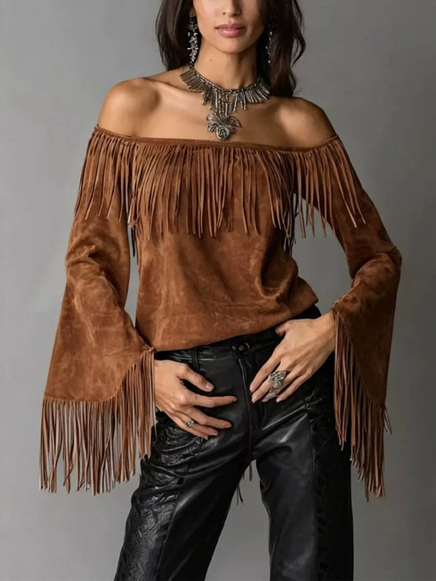 Plus Size Fringe Off-Shoulder Flare Sleeve Top - product photo 1