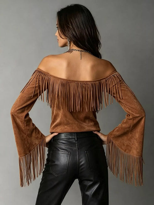 Plus Size Fringe Off-Shoulder Flare Sleeve Top - product photo 2