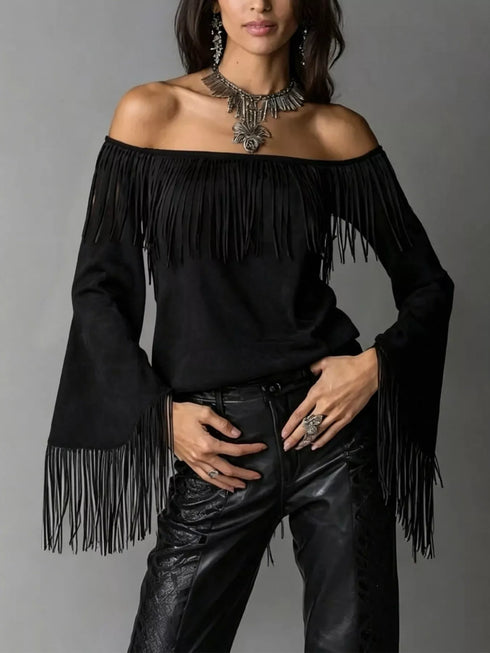 Plus Size Fringe Off-Shoulder Flare Sleeve Top - product photo 3