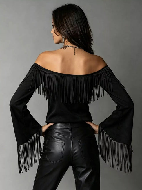 Plus Size Fringe Off-Shoulder Flare Sleeve Top - product photo 4